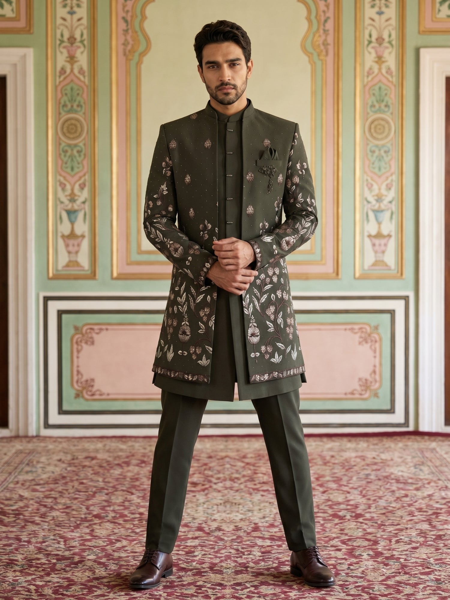 DesiQlo Men Embroidered Indo Western Set - Green - 50JIND_185Mehndi_S