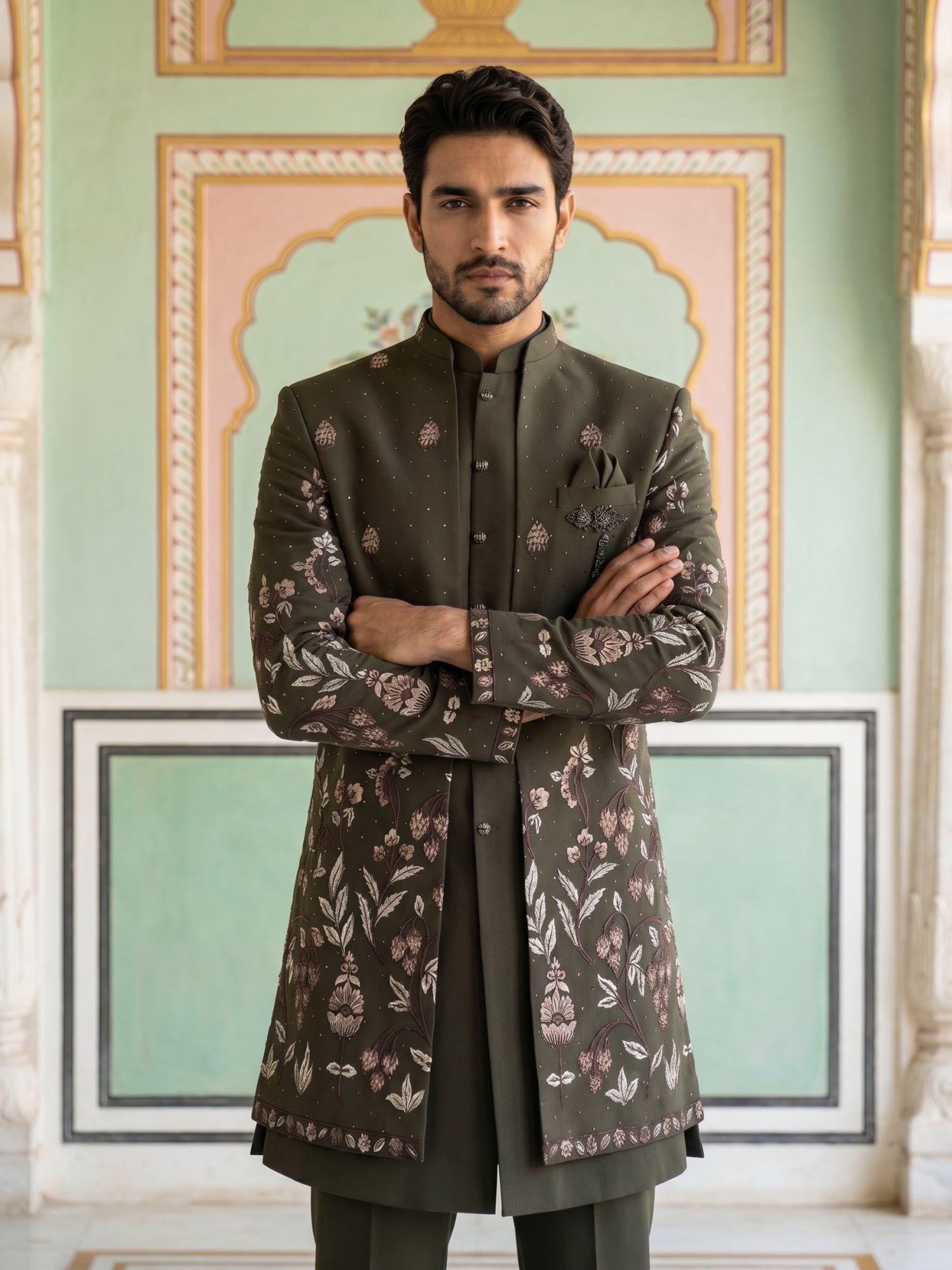 DesiQlo Men Embroidered Indo Western Set - Green - 50JIND_185Mehndi_S