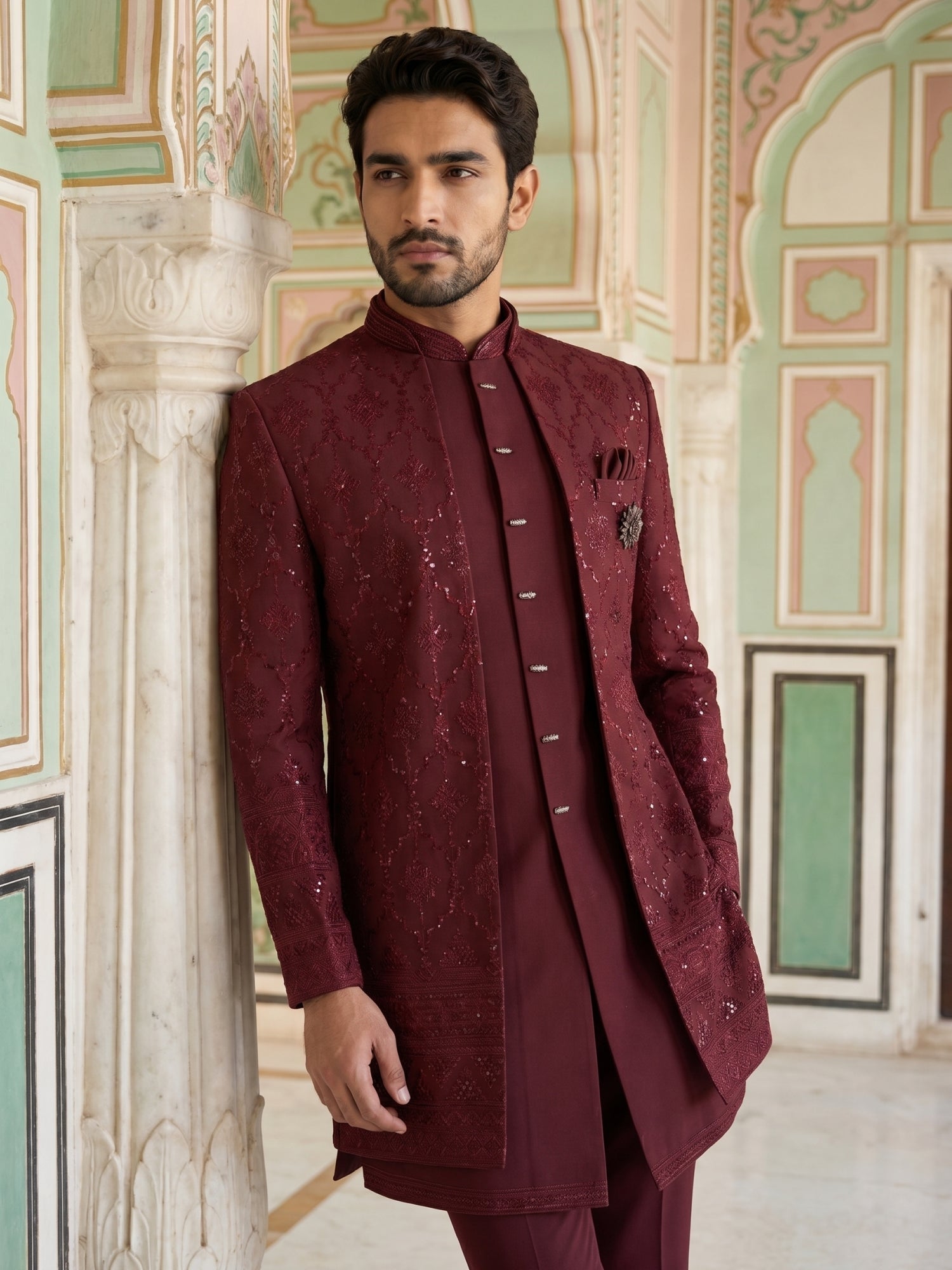 DesiQlo Men Embroidered Indo Western Set - Maroon