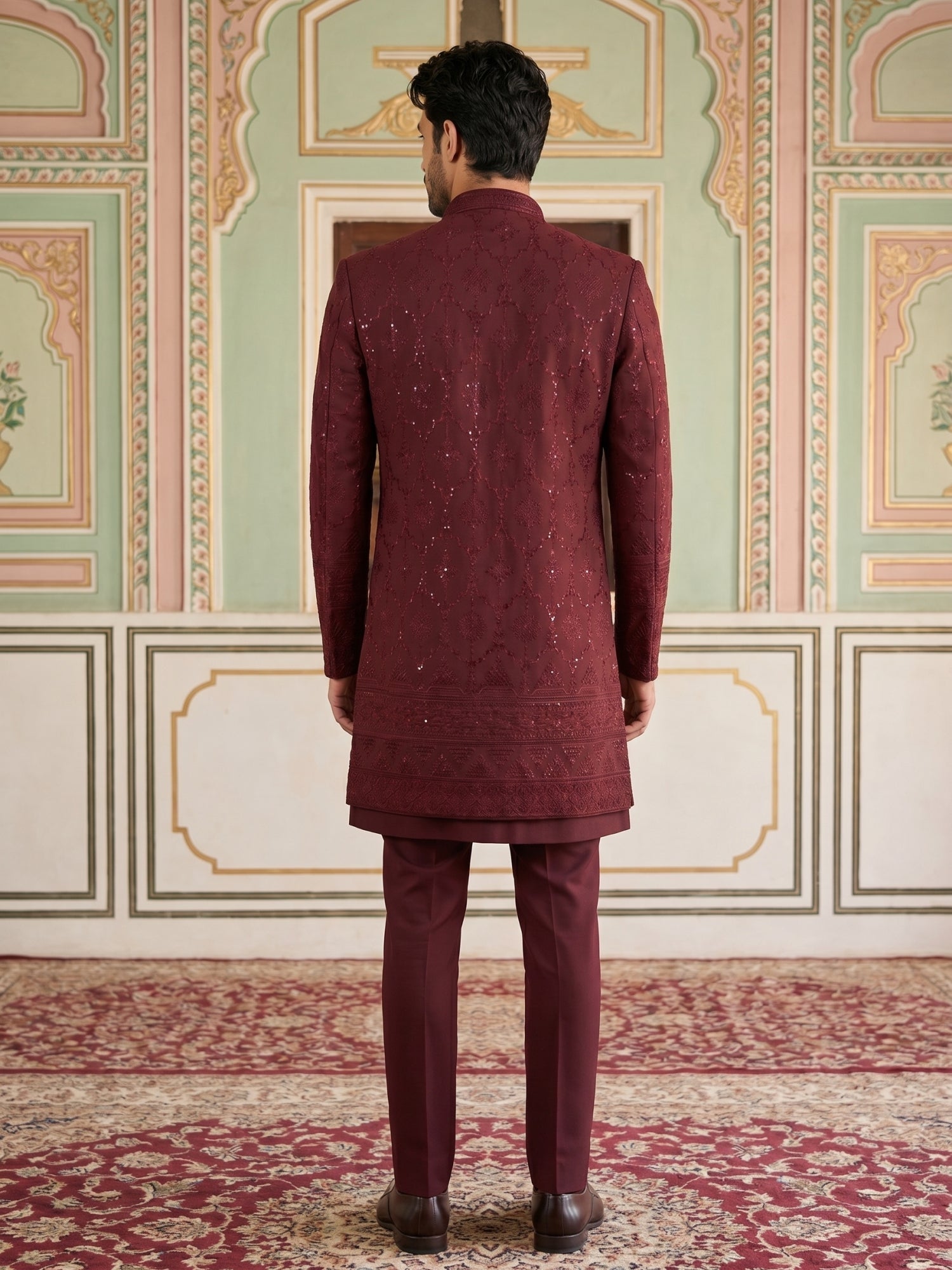 DesiQlo Men Embroidered Indo Western Set - Maroon