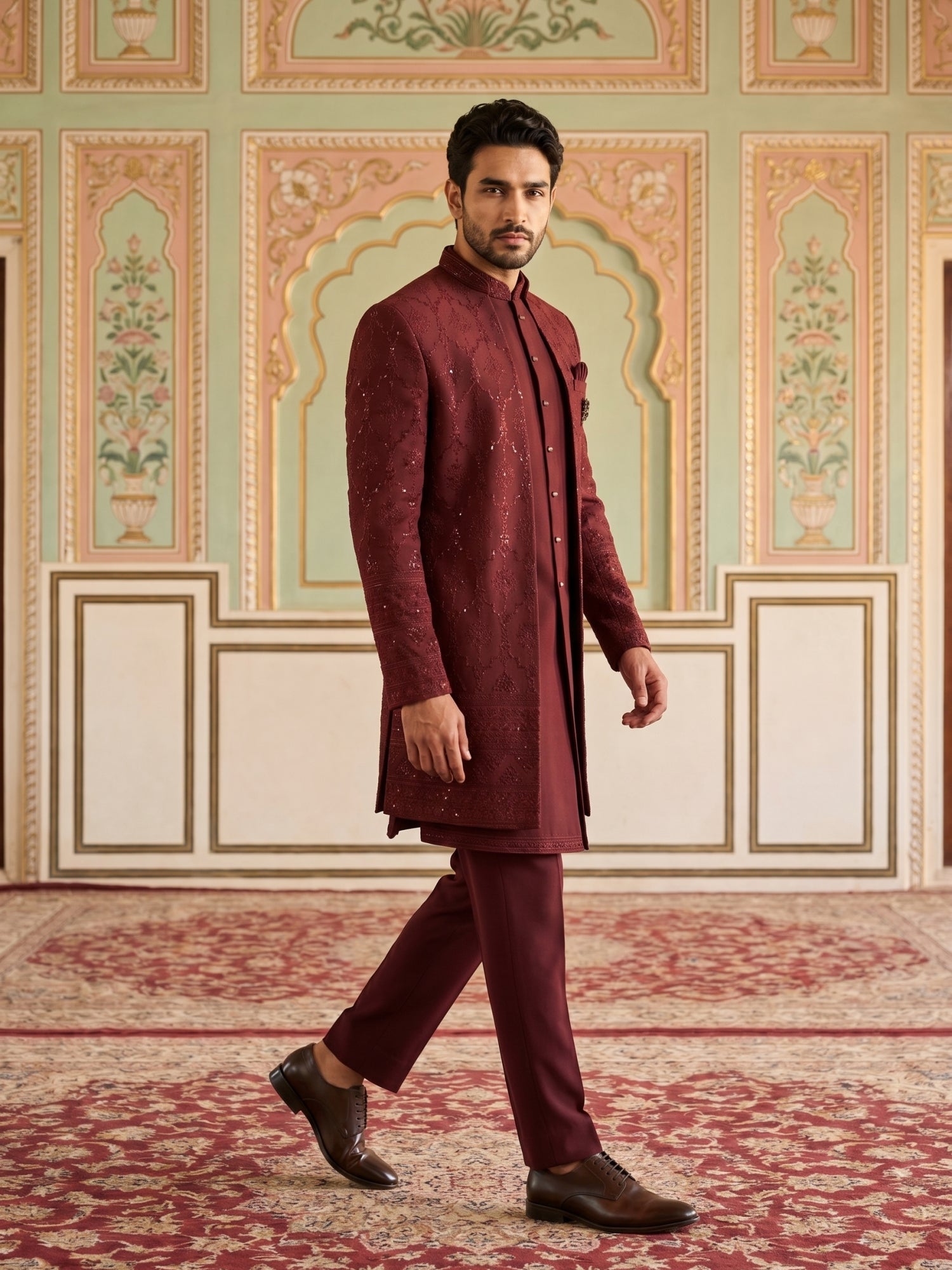 DesiQlo Men Embroidered Indo Western Set - Maroon
