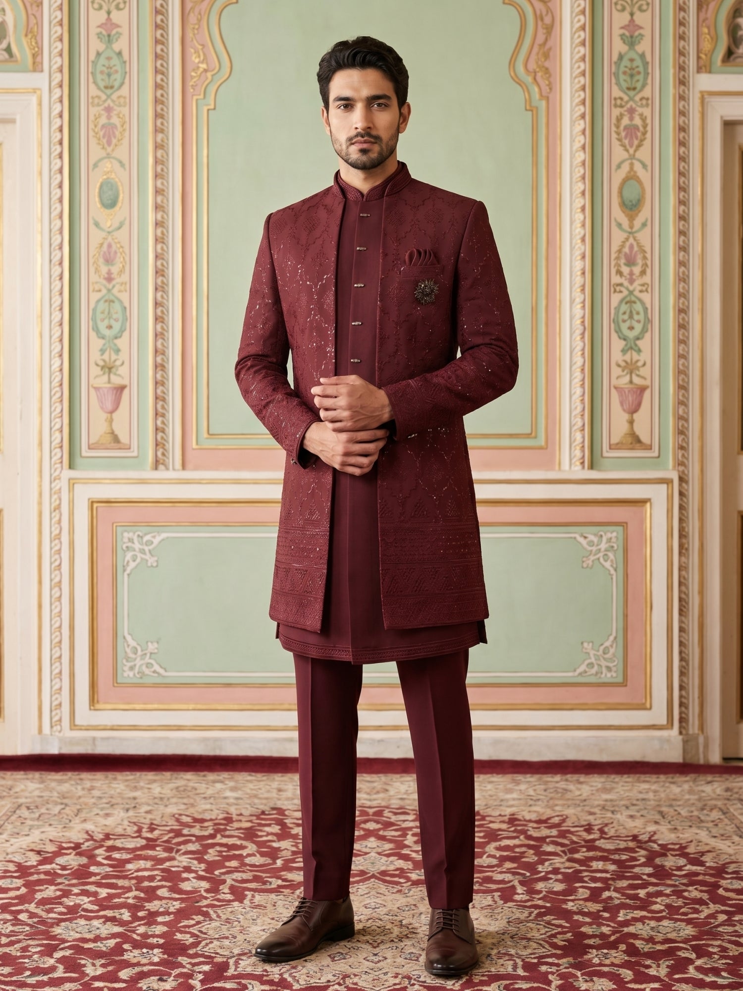 DesiQlo Men Embroidered Indo Western Set - Maroon