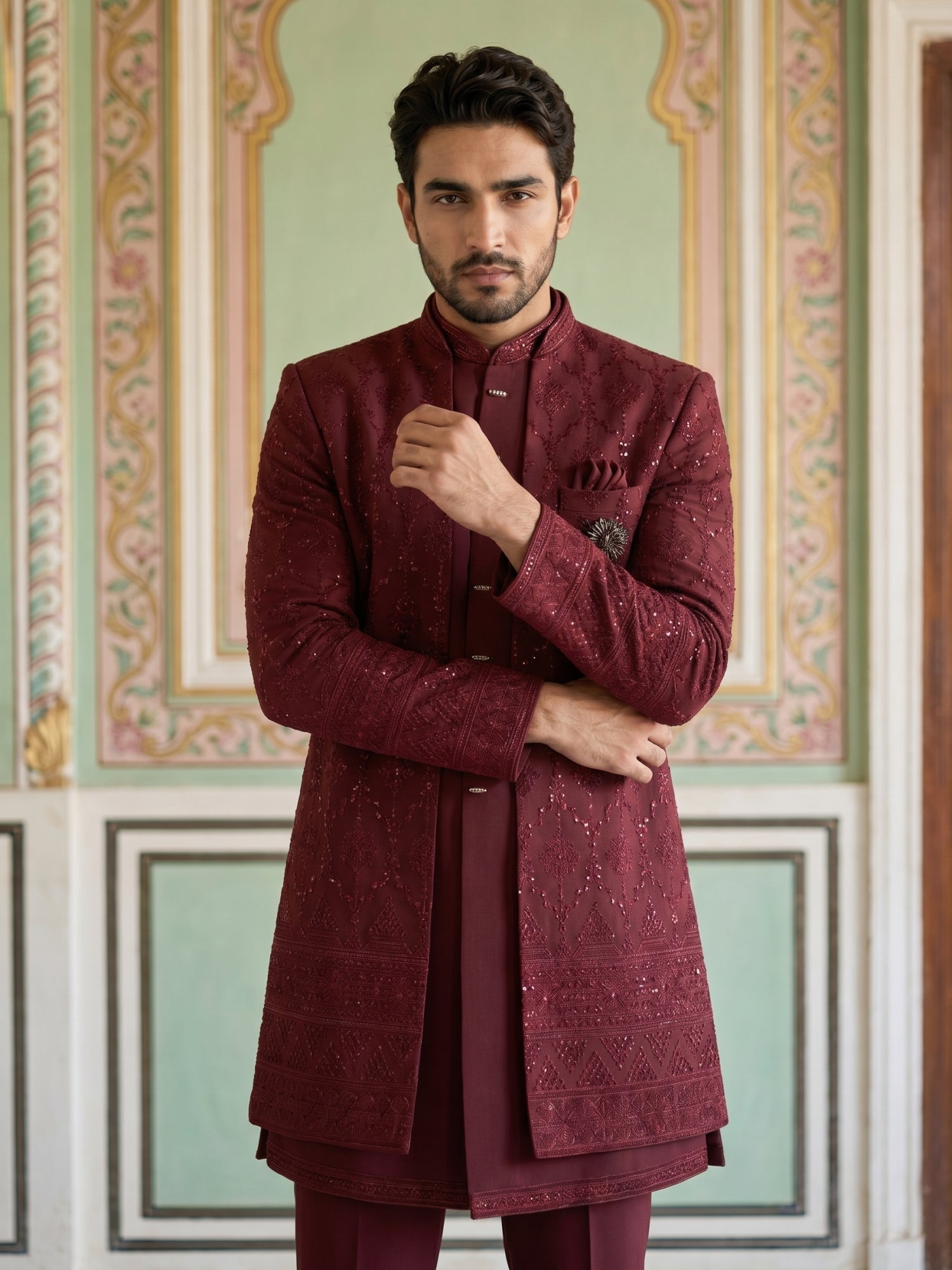 DesiQlo Men Embroidered Indo Western Set - Maroon