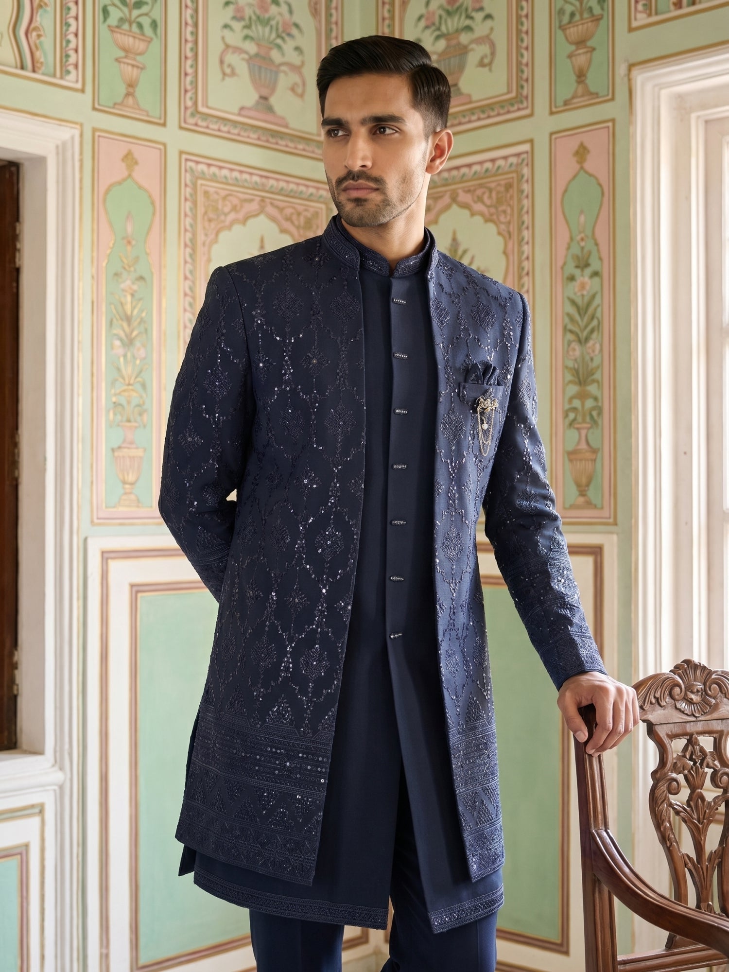DesiQlo Men Embroidered Indo Western Set - Blue - 50JIND_186Navy_S