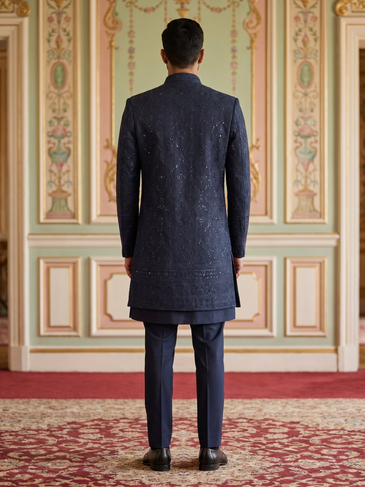 DesiQlo Men Embroidered Indo Western Set - Blue - 50JIND_186Navy_S