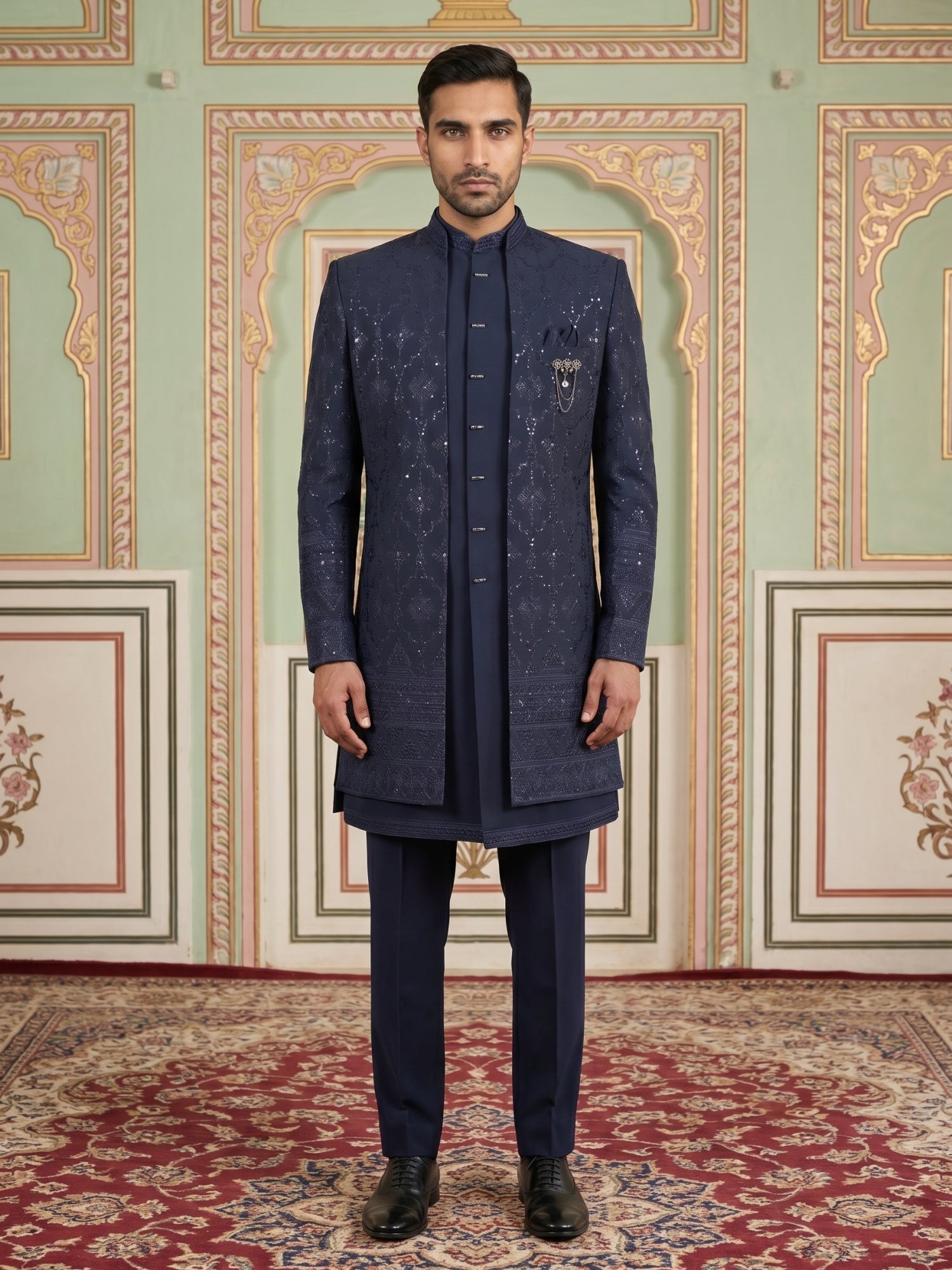 DesiQlo Men Embroidered Indo Western Set - Blue - 50JIND_186Navy_S