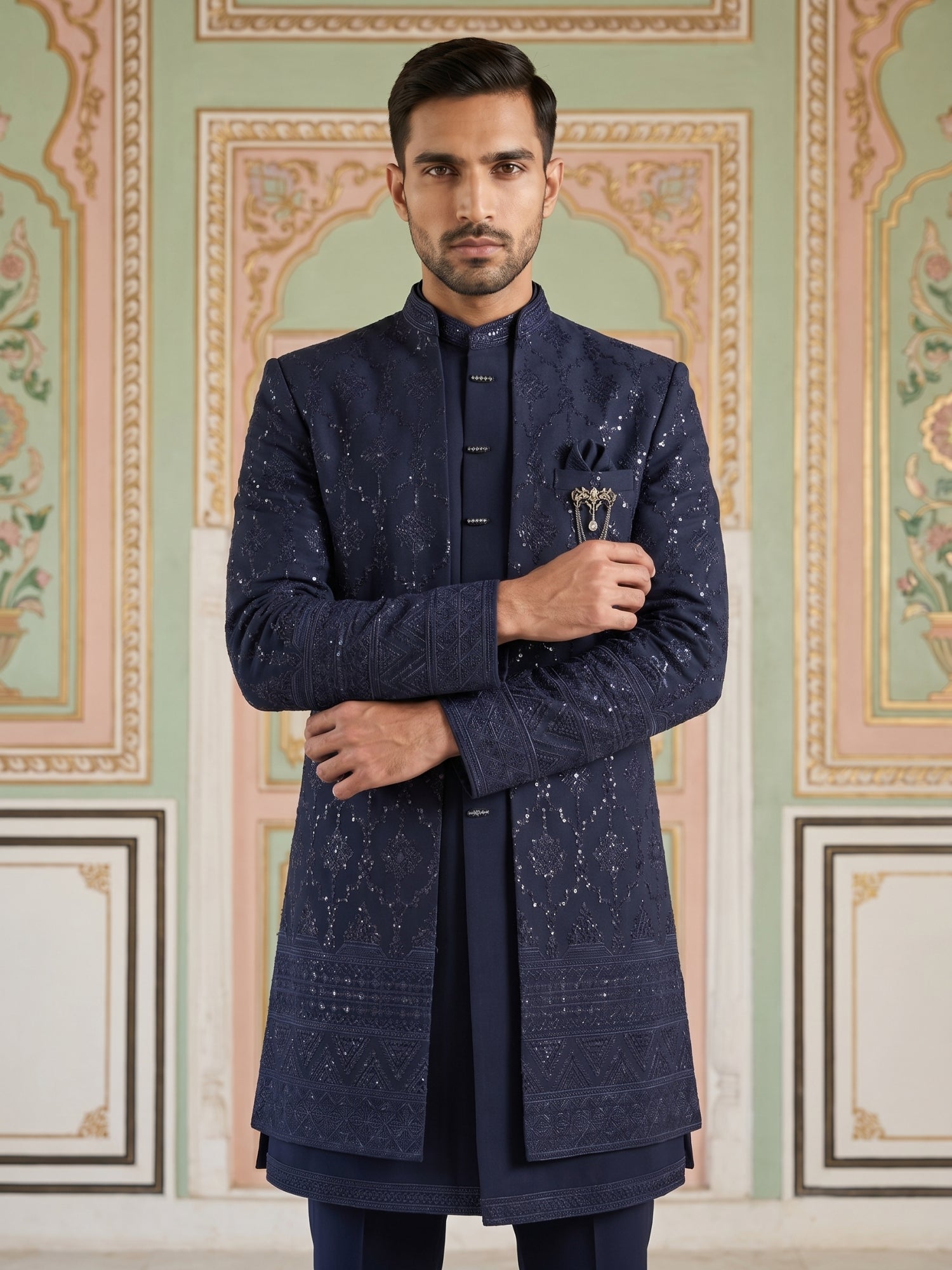 DesiQlo Men Embroidered Indo Western Set - Blue - 50JIND_186Navy_S