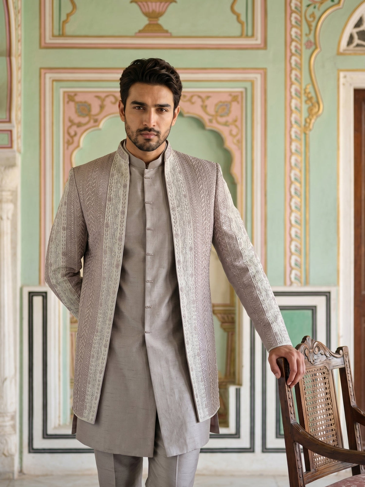 Men Silk Blend Embroidered Indo-Western Set ( 50JIND 187Peach )