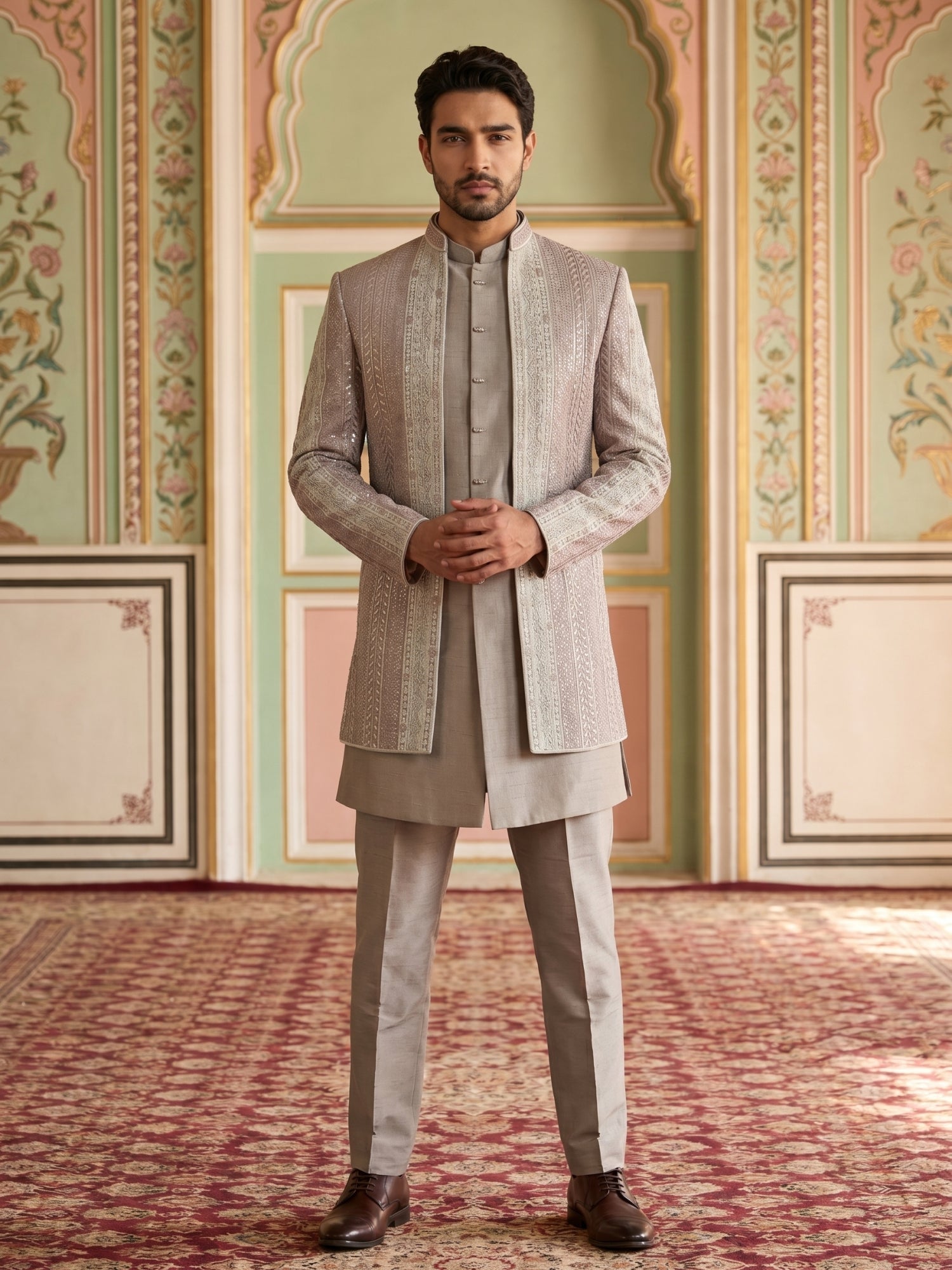 DesiQlo Men Embroidered Indo Western Set - Orange