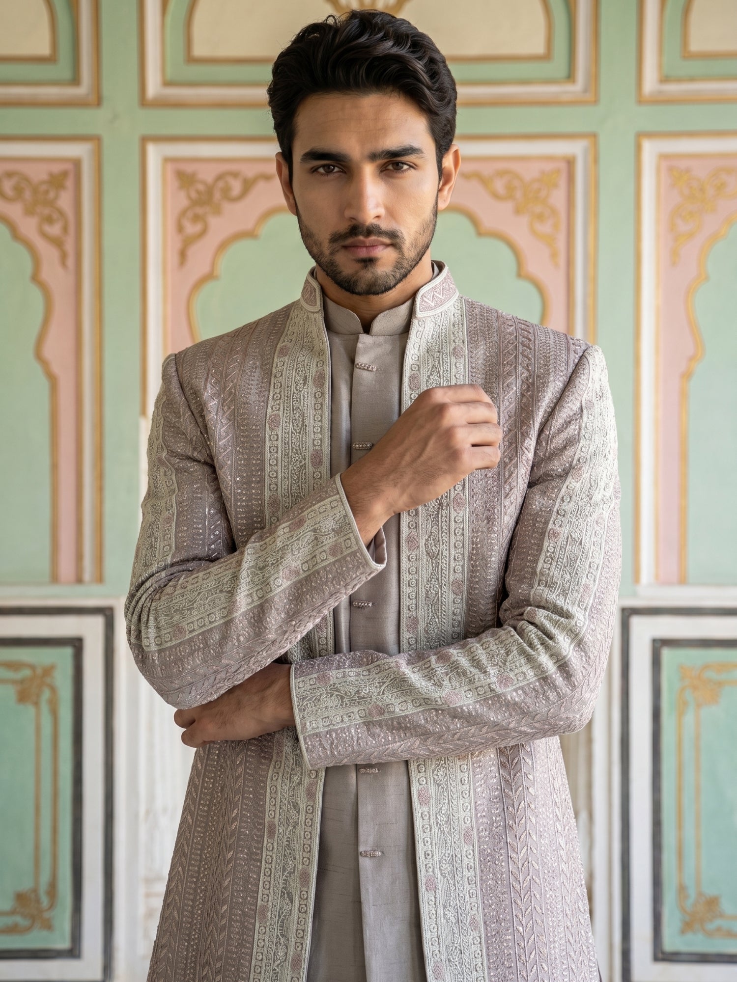 DesiQlo Men Embroidered Indo Western Set - Orange