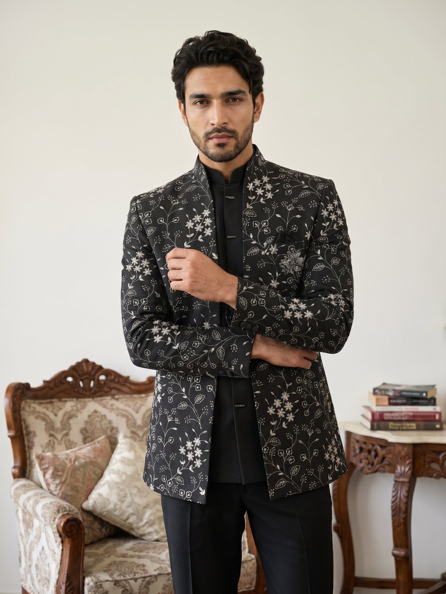 DesiQlo Men Embroidered Indo Western Set - Black - 50JIND_188Black_S