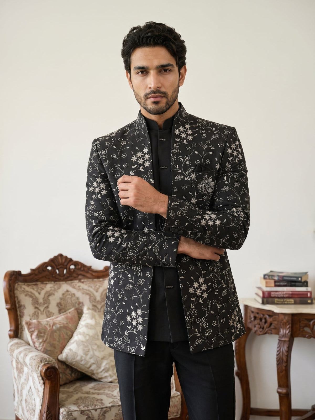 Imported Japanese Embroidered Indo-Western Set ( 50JIND 188Black )
