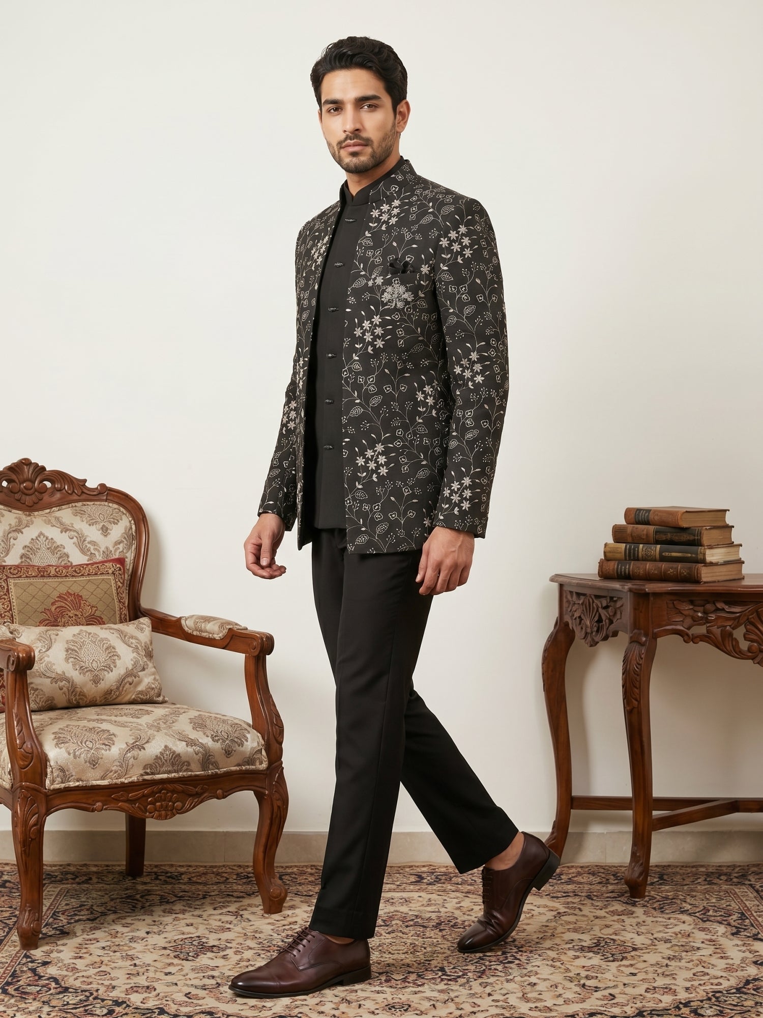 DesiQlo Men Embroidered Indo Western Set - Black - 50JIND_188Black_S