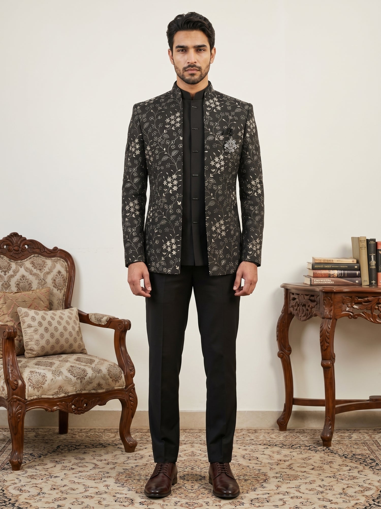 DesiQlo Men Embroidered Indo Western Set - Black - 50JIND_188Black_S