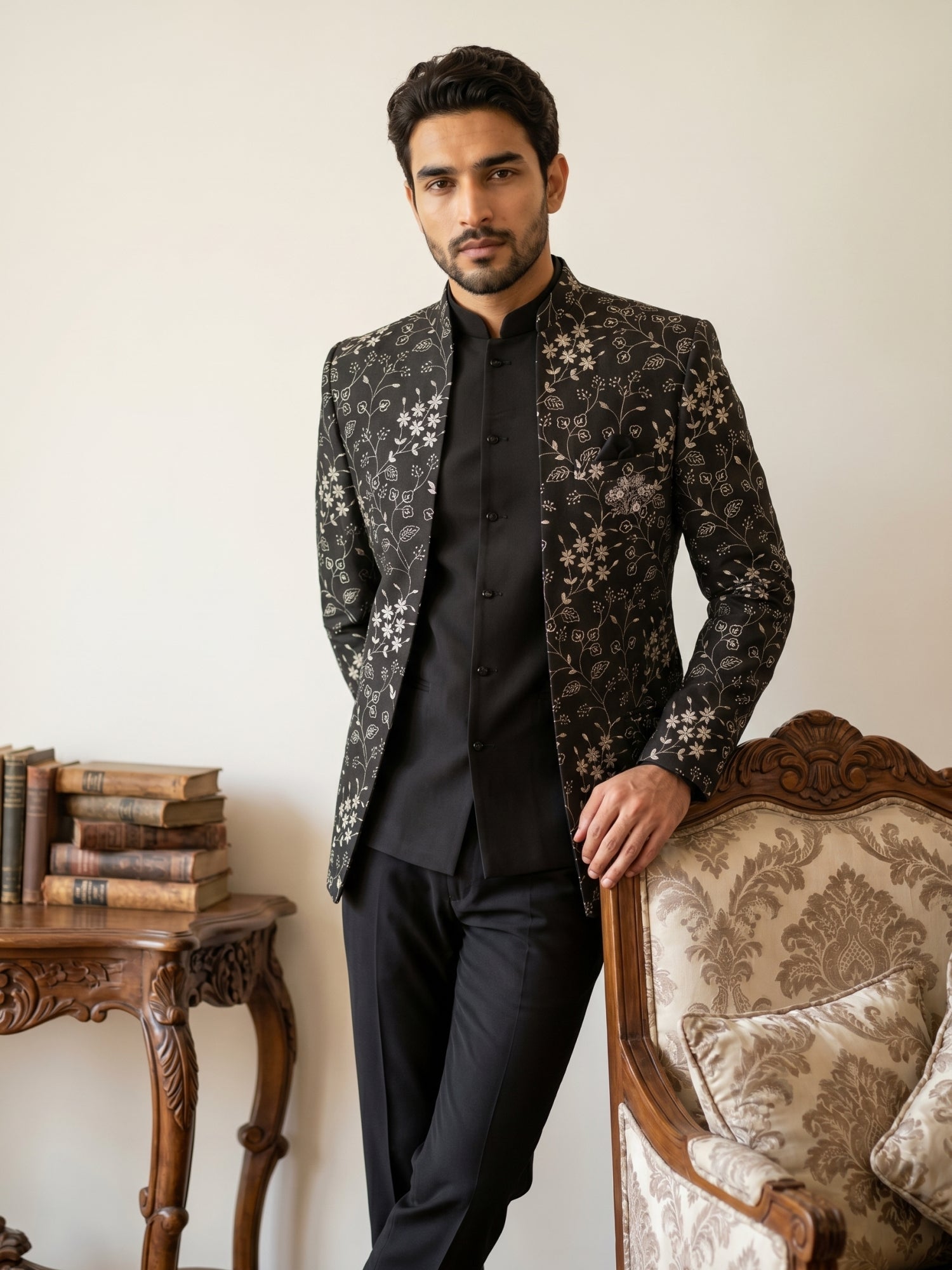 DesiQlo Men Embroidered Indo Western Set - Black - 50JIND_188Black_S