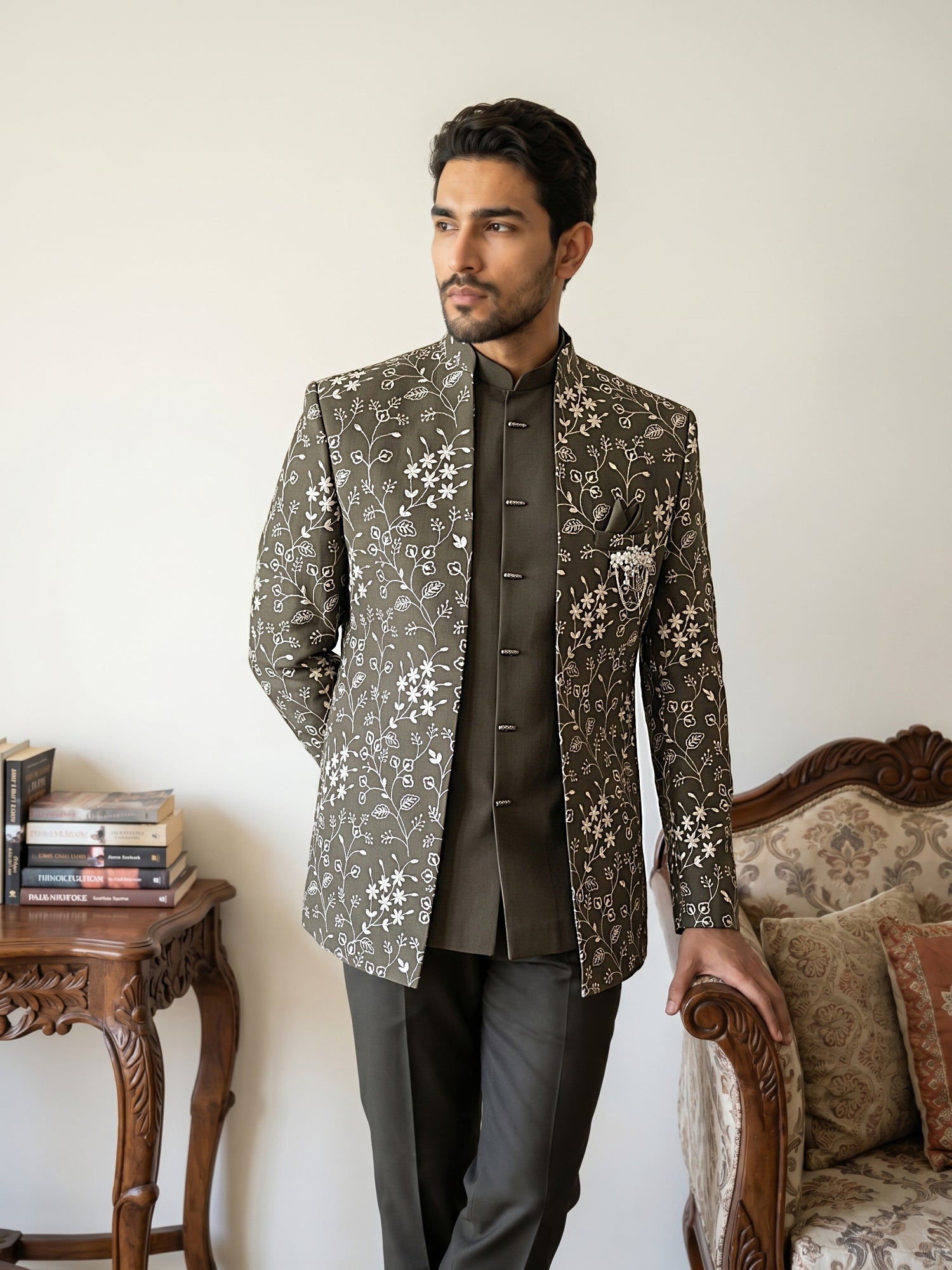 DesiQlo Men Embroidered Indo Western Set - Green