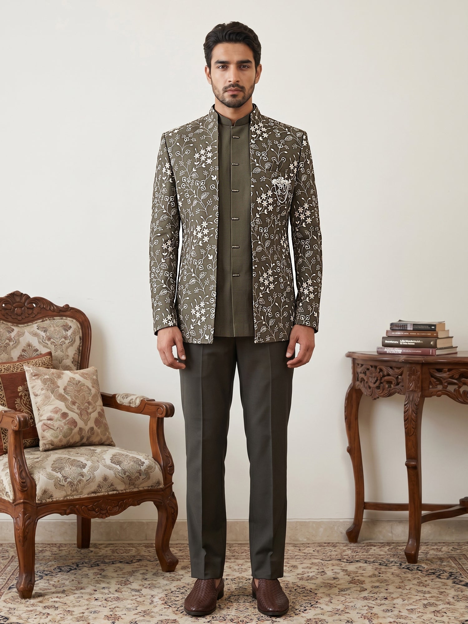 DesiQlo Men Embroidered Indo Western Set - Green
