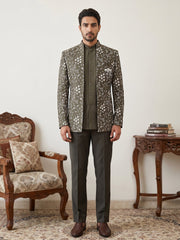 Imported Japanese Embroidered Indo-Western Set ( 50JIND 188Mehndi )