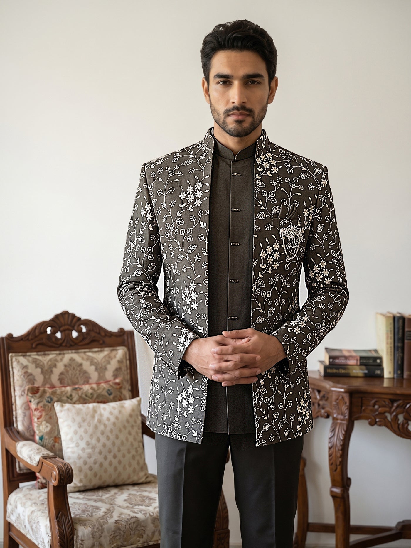 DesiQlo Men Embroidered Indo Western Set - Green