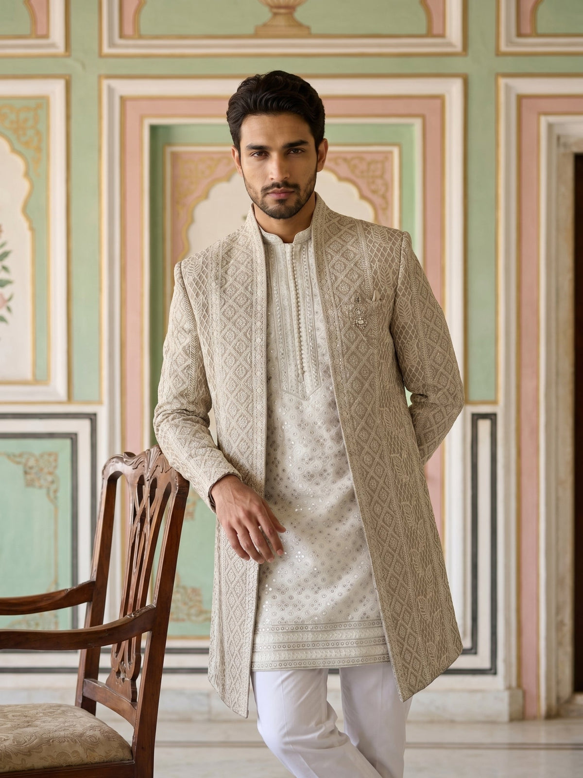 Men Silk Blend Embroidered Indo-Western Set ( 50JIND 189Beige )