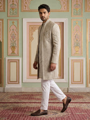 Men Silk Blend Embroidered Indo-Western Set ( 50JIND 189Beige )