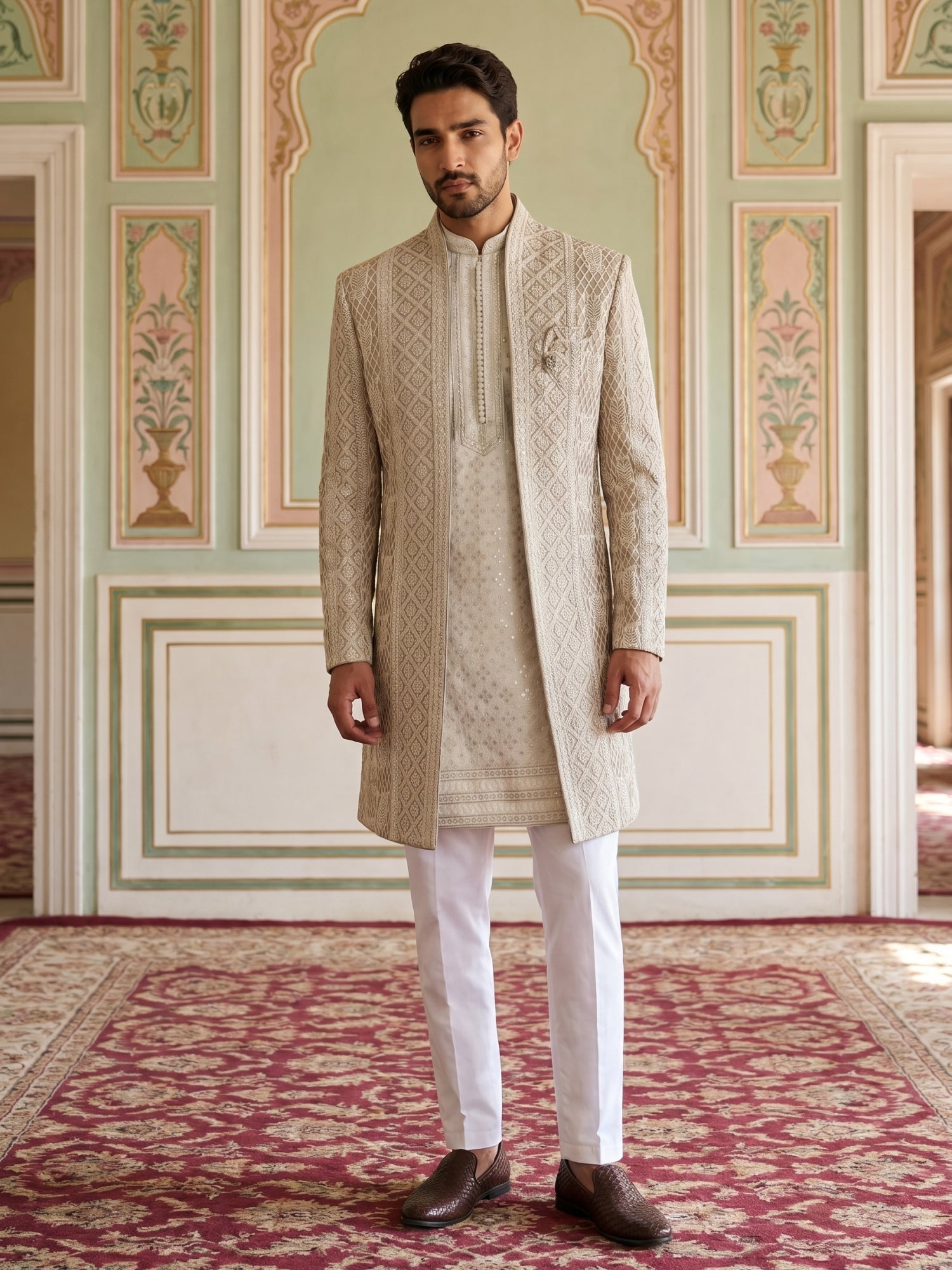 DesiQlo Men Embroidered Indo Western Set - Beige - 50JIND_189Beige_S