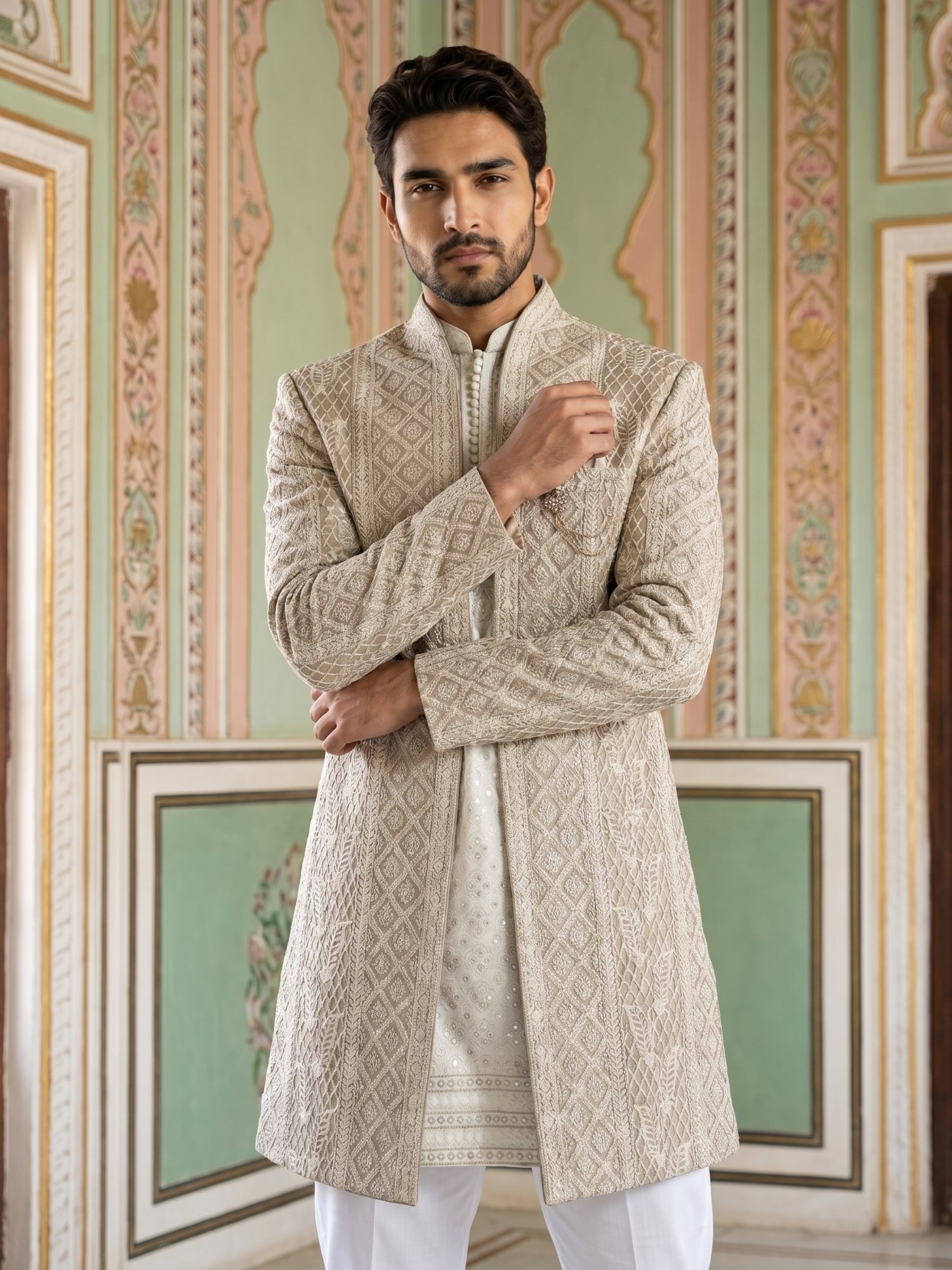DesiQlo Men Embroidered Indo Western Set - Beige - 50JIND_189Beige_S