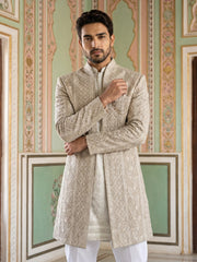 Men Silk Blend Embroidered Indo-Western Set ( 50JIND 189Beige )