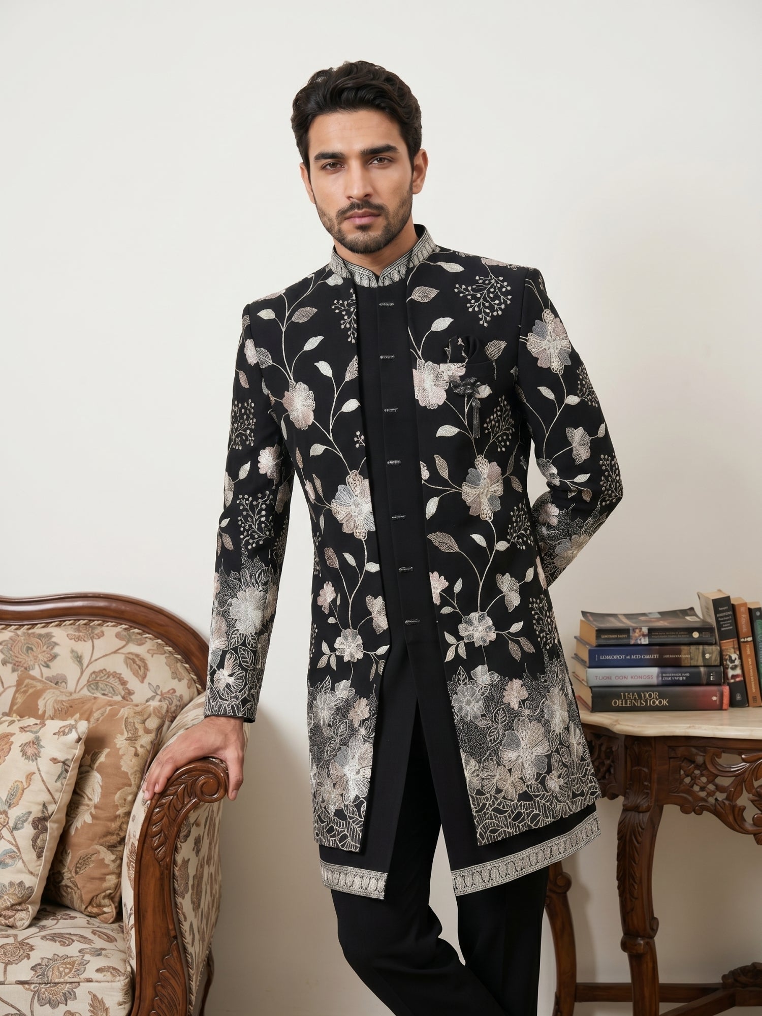 DesiQlo Men Embroidered Indo Western Set - Black - 50JIND_190Black_S