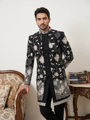 Men Imported Japanese Fabric Embroidered Indo-Western Set ( 50JIND 190Black )