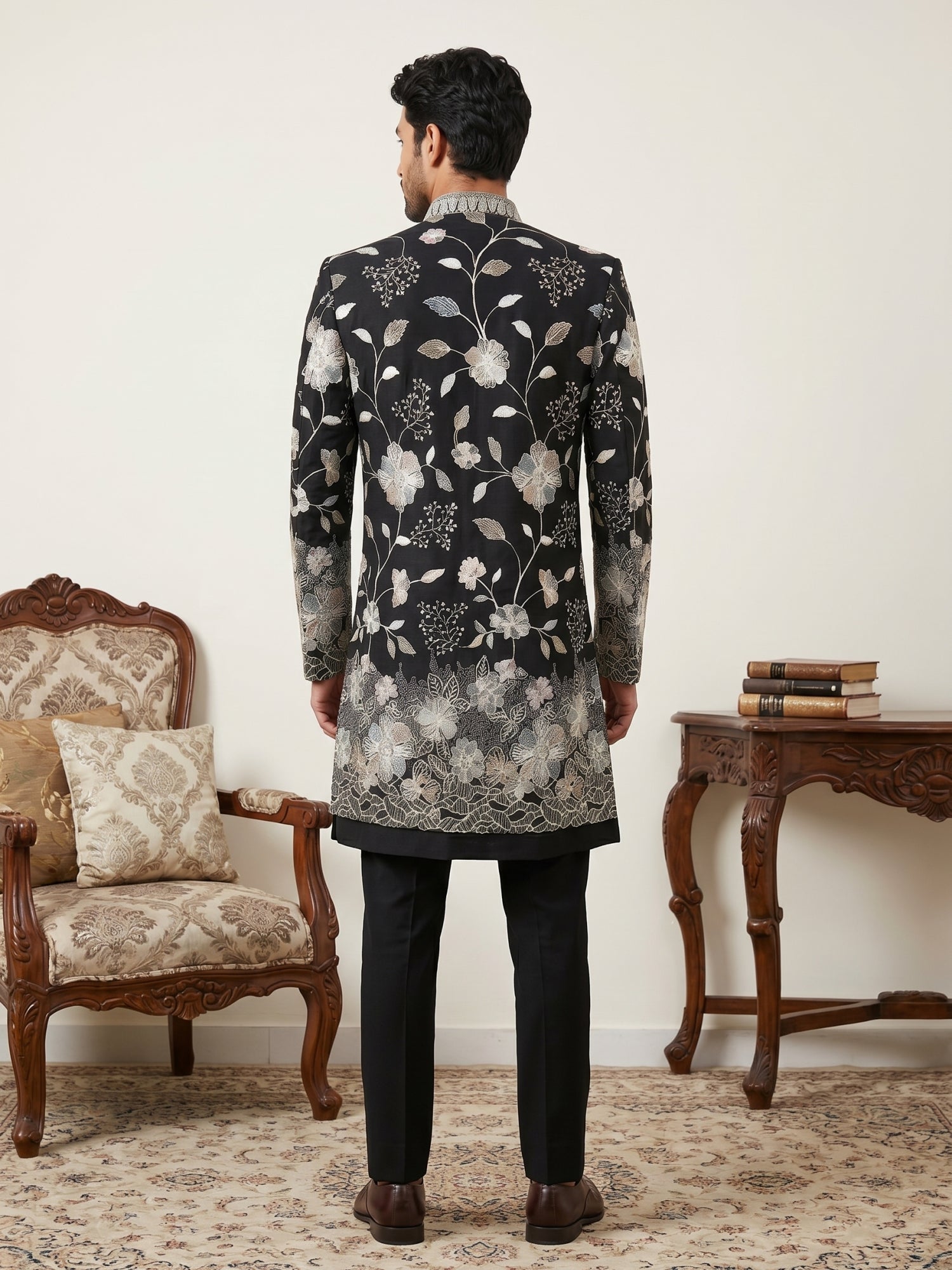 DesiQlo Men Embroidered Indo Western Set - Black - 50JIND_190Black_S