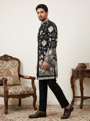 Men Imported Japanese Fabric Embroidered Indo-Western Set ( 50JIND 190Black )