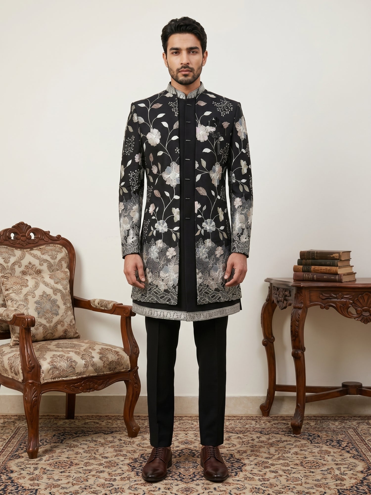 DesiQlo Men Embroidered Indo Western Set - Black - 50JIND_190Black_S