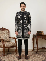 Men Imported Japanese Fabric Embroidered Indo-Western Set ( 50JIND 190Black )