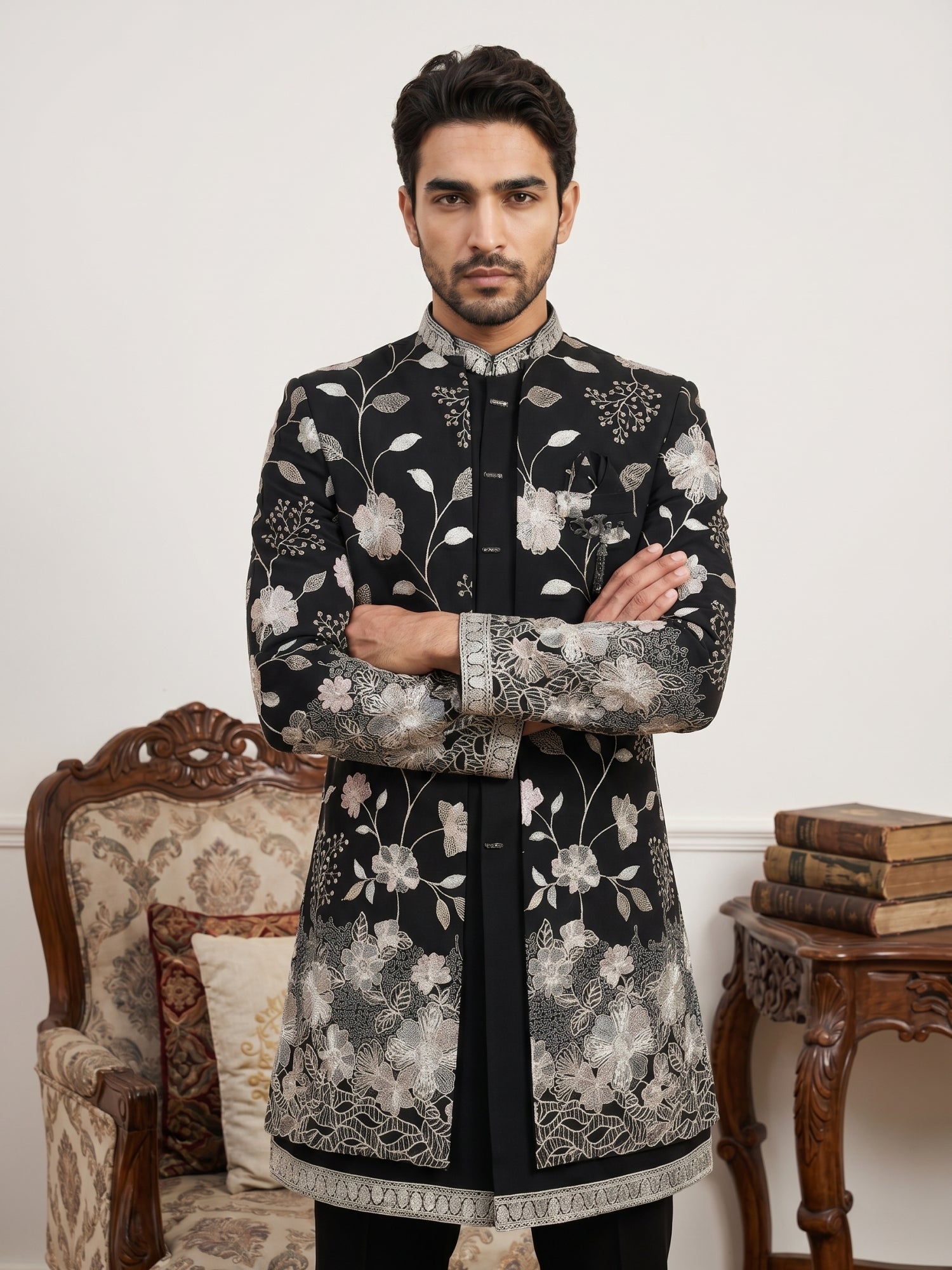 DesiQlo Men Embroidered Indo Western Set - Black - 50JIND_190Black_S