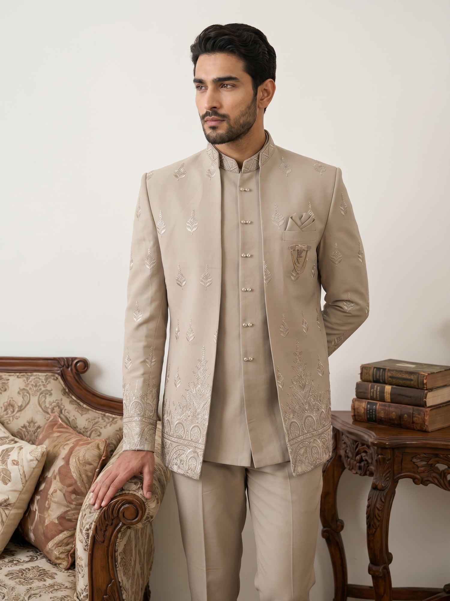 DesiQlo Men Embroidered Indo Western Set - Beige - 50JIND_191Beige_S