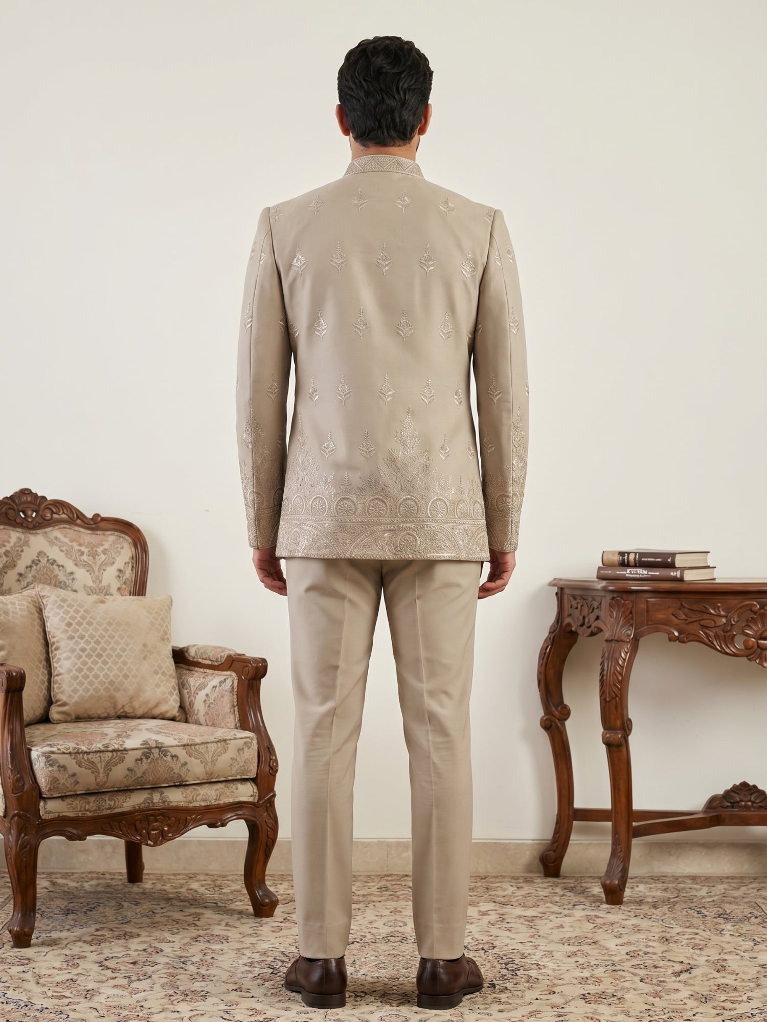 DesiQlo Men Embroidered Indo Western Set - Beige - 50JIND_191Beige_S