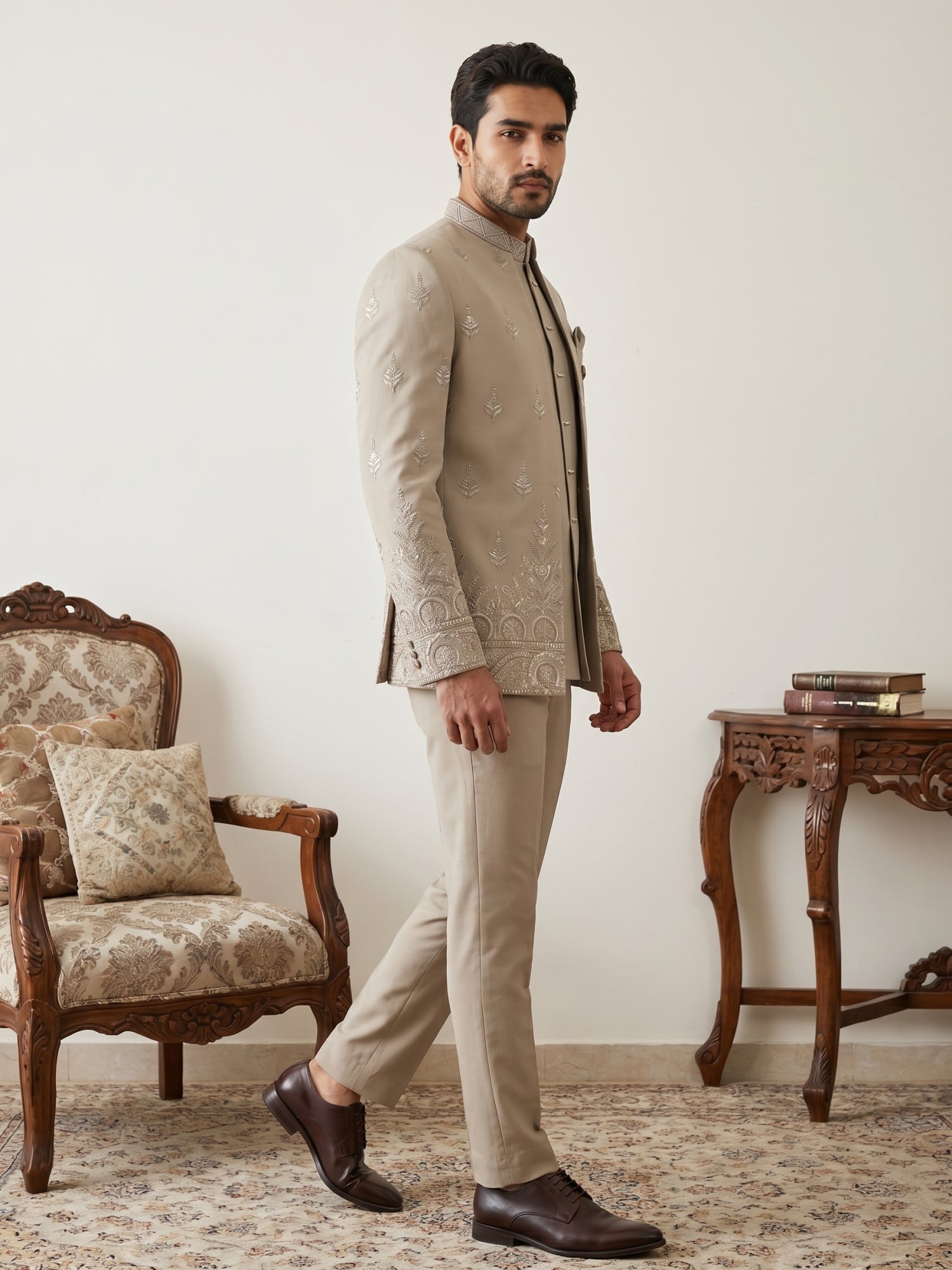 DesiQlo Men Embroidered Indo Western Set - Beige - 50JIND_191Beige_S