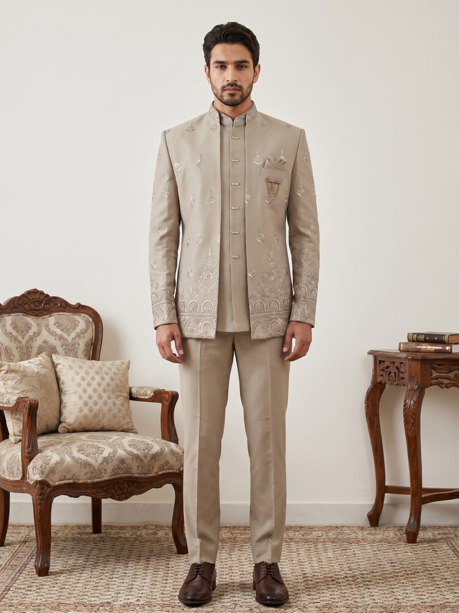 DesiQlo Men Embroidered Indo Western Set - Beige - 50JIND_191Beige_S
