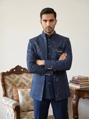 Men's Japanese Fabric Embroidered Indo-Western Set ( 50JIND 192Navy )