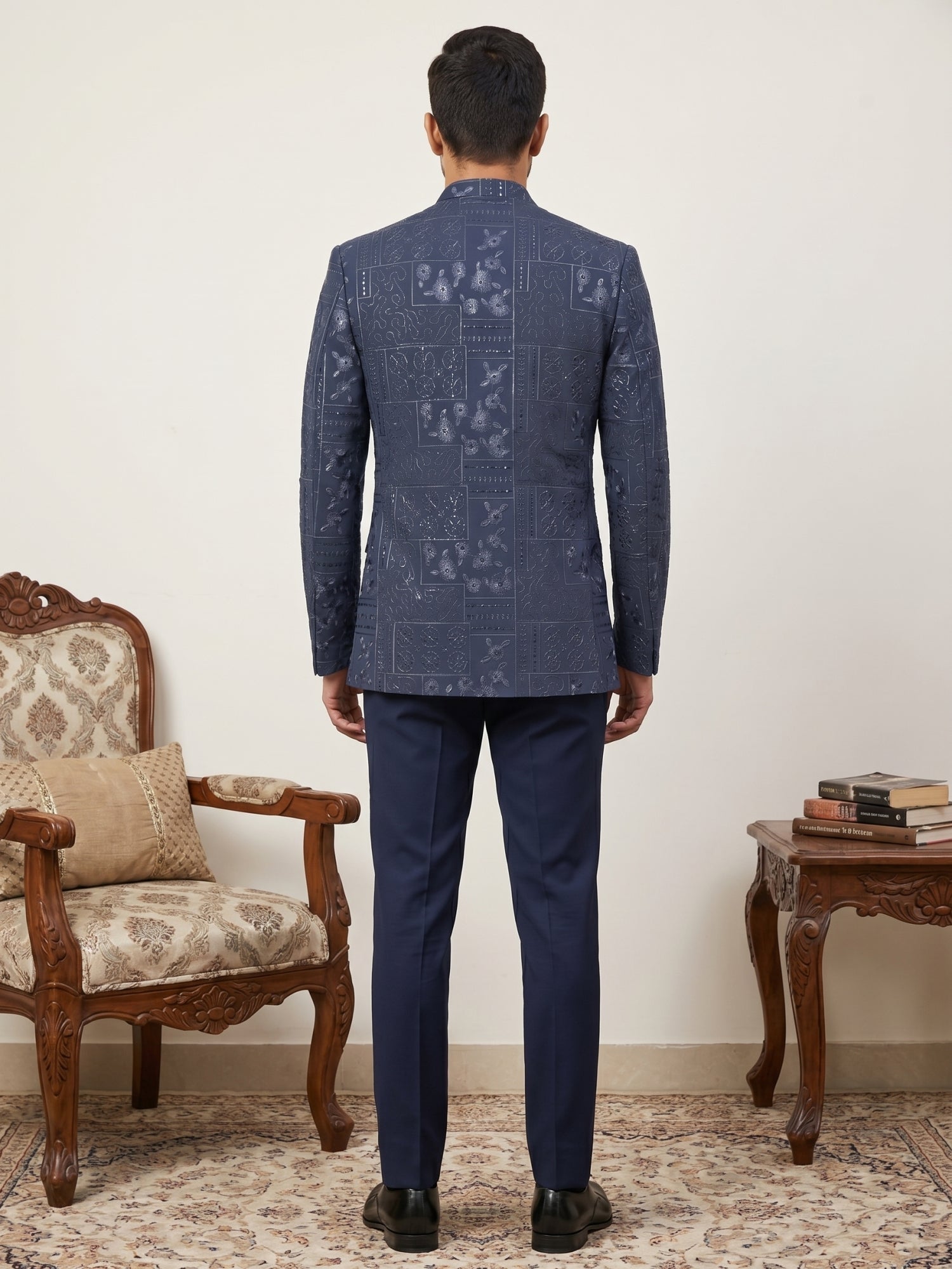 DesiQlo Men Embroidered Indo Western Set - Blue - 50JIND_192Navy_S