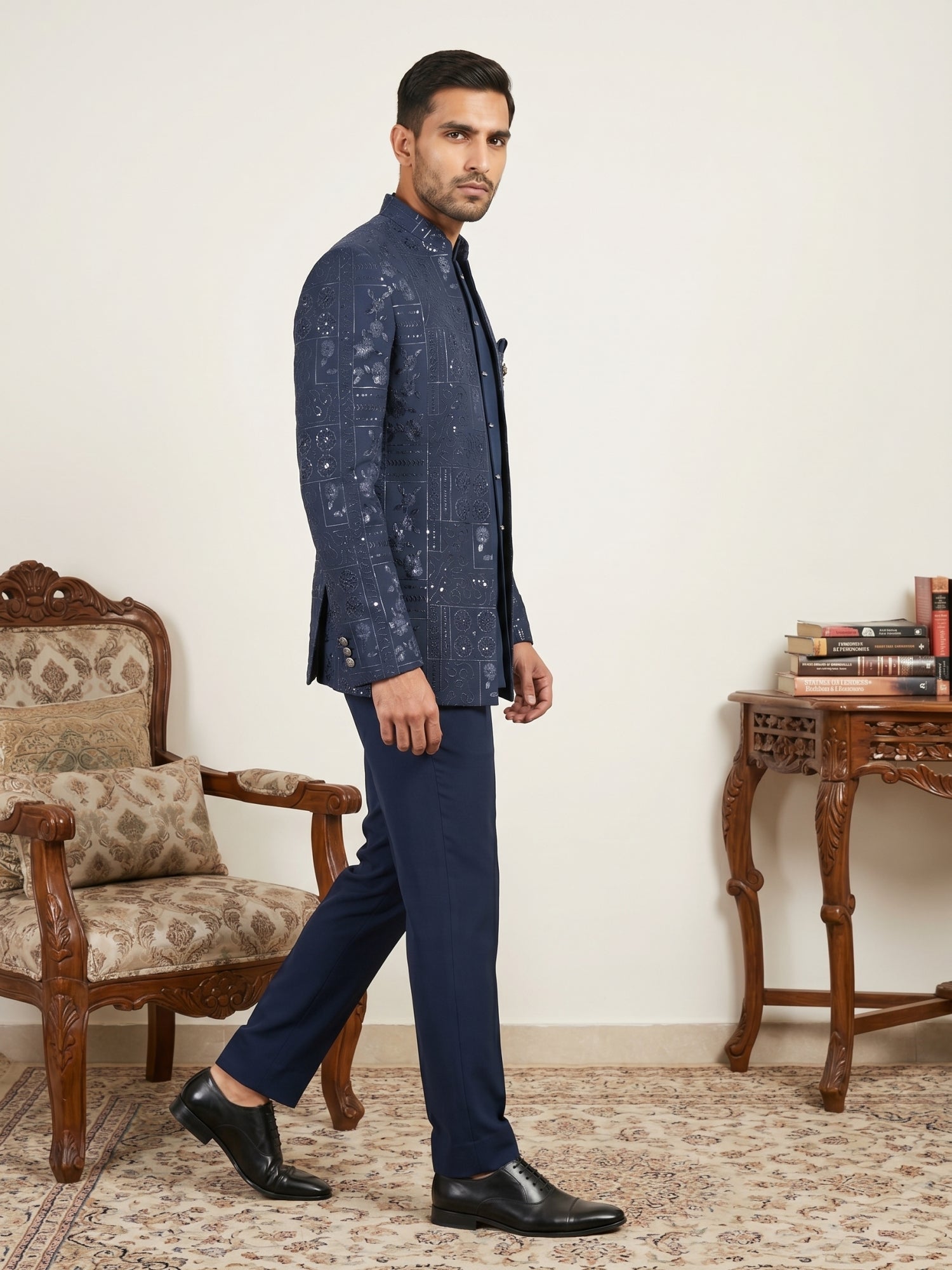 DesiQlo Men Embroidered Indo Western Set - Blue - 50JIND_192Navy_S