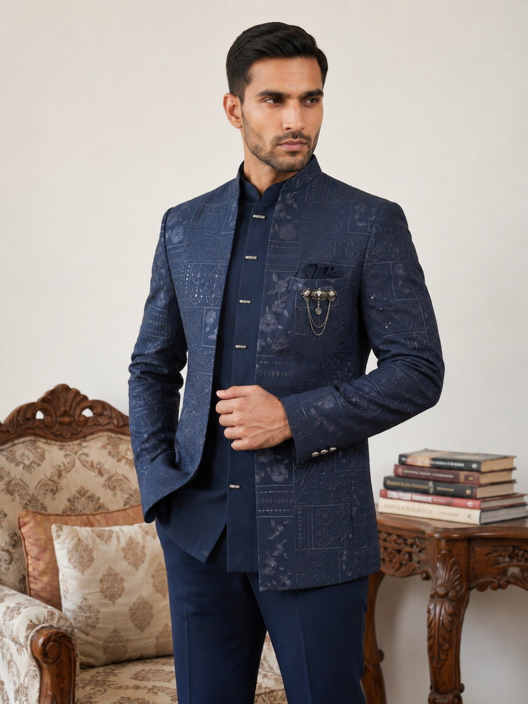DesiQlo Men Embroidered Indo Western Set - Blue - 50JIND_192Navy_S