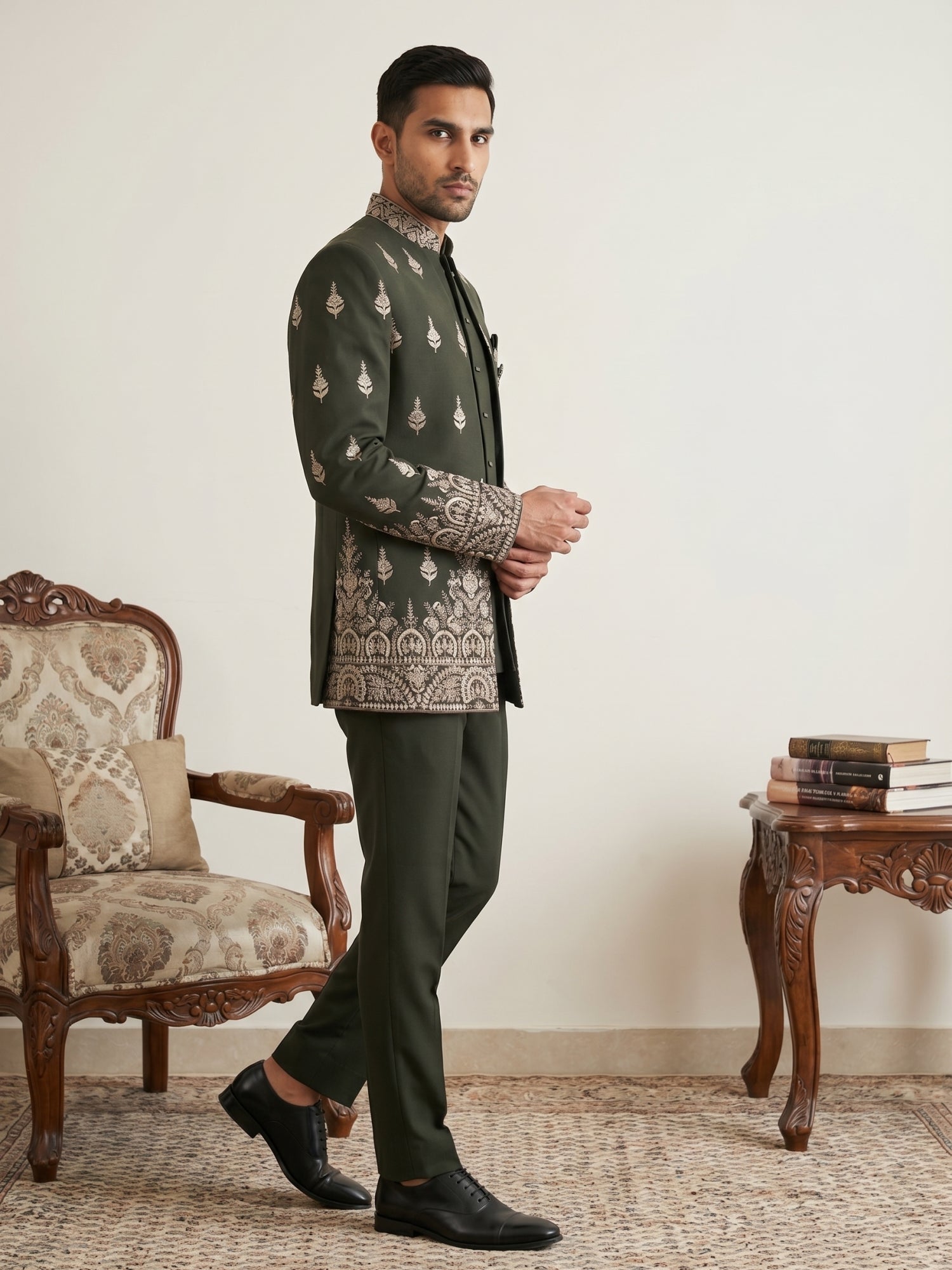 DesiQlo Men Embroidered Indo Western Set - Green - 50JIND_193Mehndi_S
