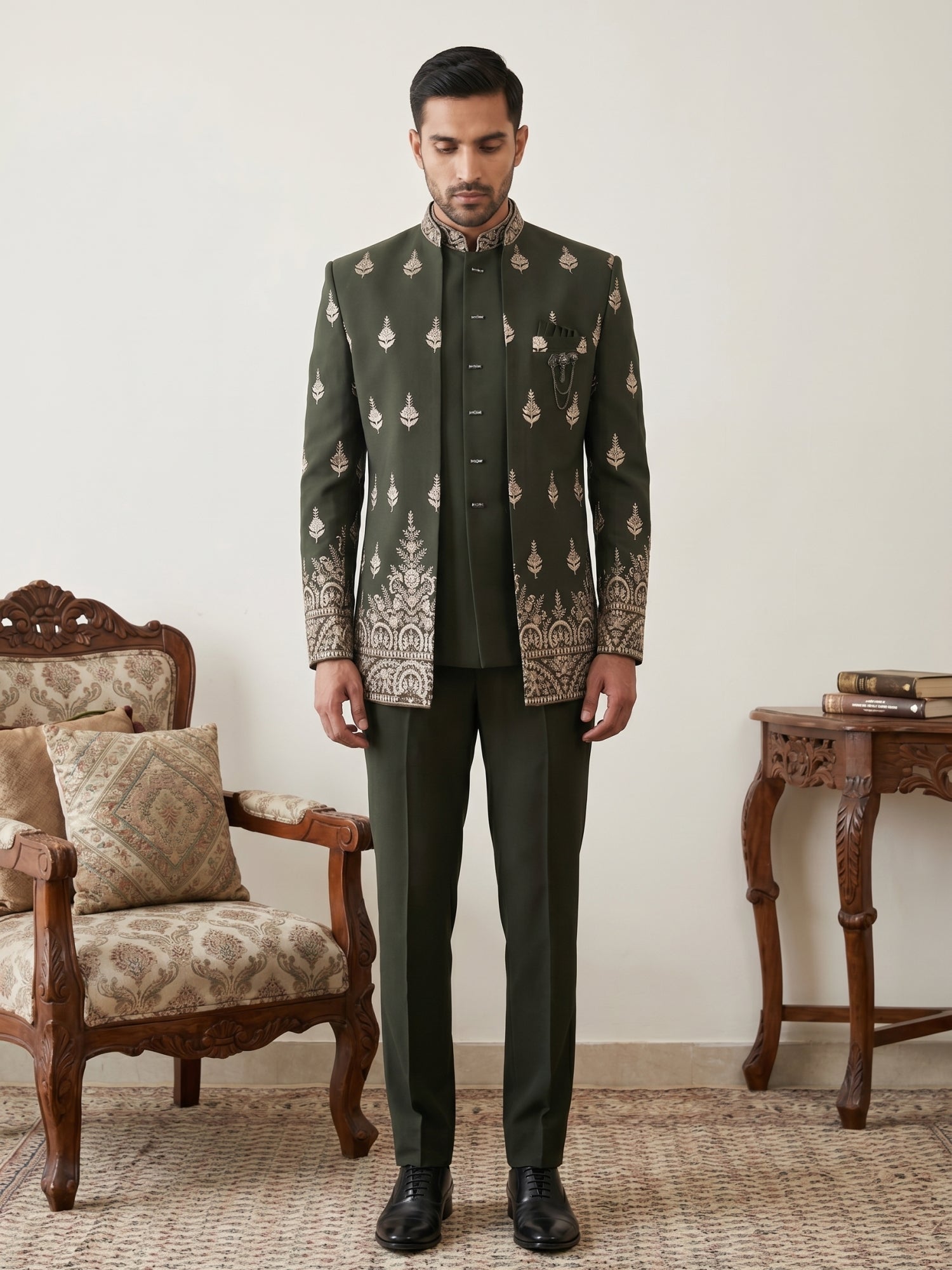 DesiQlo Men Embroidered Indo Western Set - Green - 50JIND_193Mehndi_S