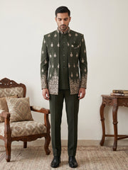 Men Japanese Fabric Embroidered Indo-Western Set ( 50JIND 193Mehndi )
