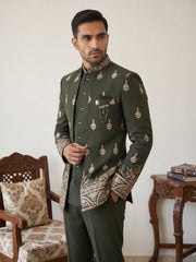 Men Japanese Fabric Embroidered Indo-Western Set ( 50JIND 193Mehndi )