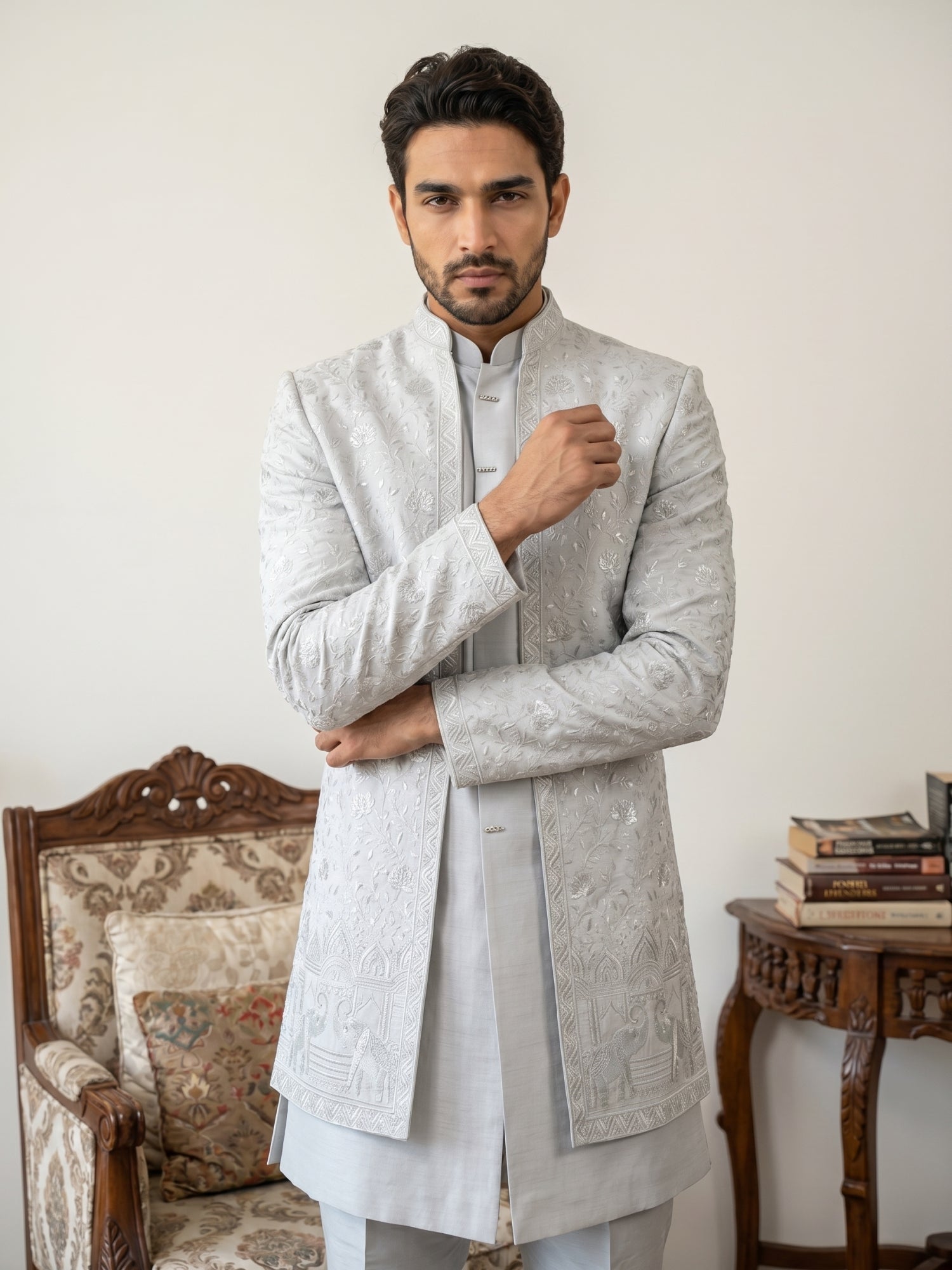 DesiQlo Men Embroidered Indo Western Set - Blue - 50JIND_196Blue_S