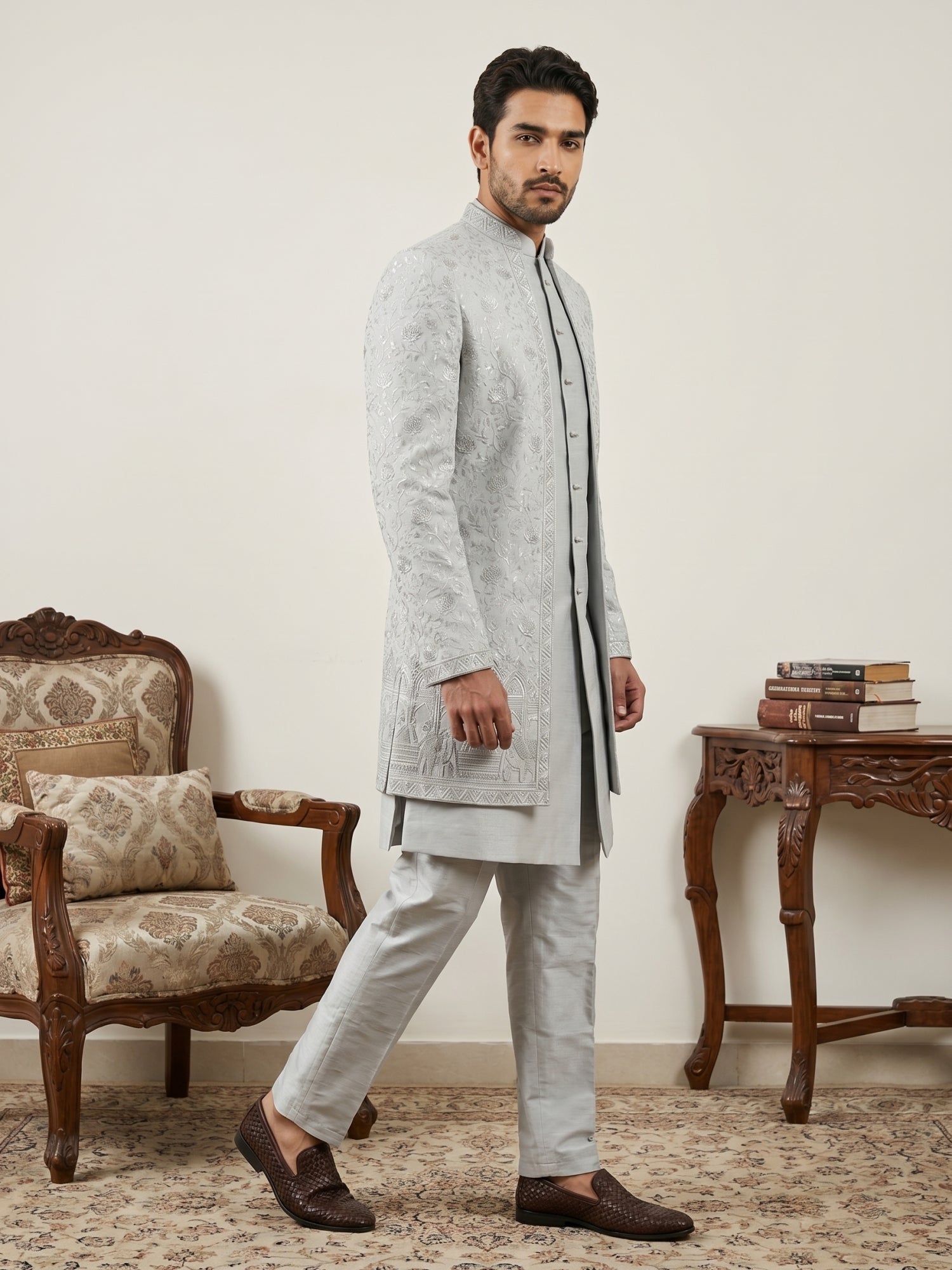 DesiQlo Men Embroidered Indo Western Set - Blue - 50JIND_196Blue_S