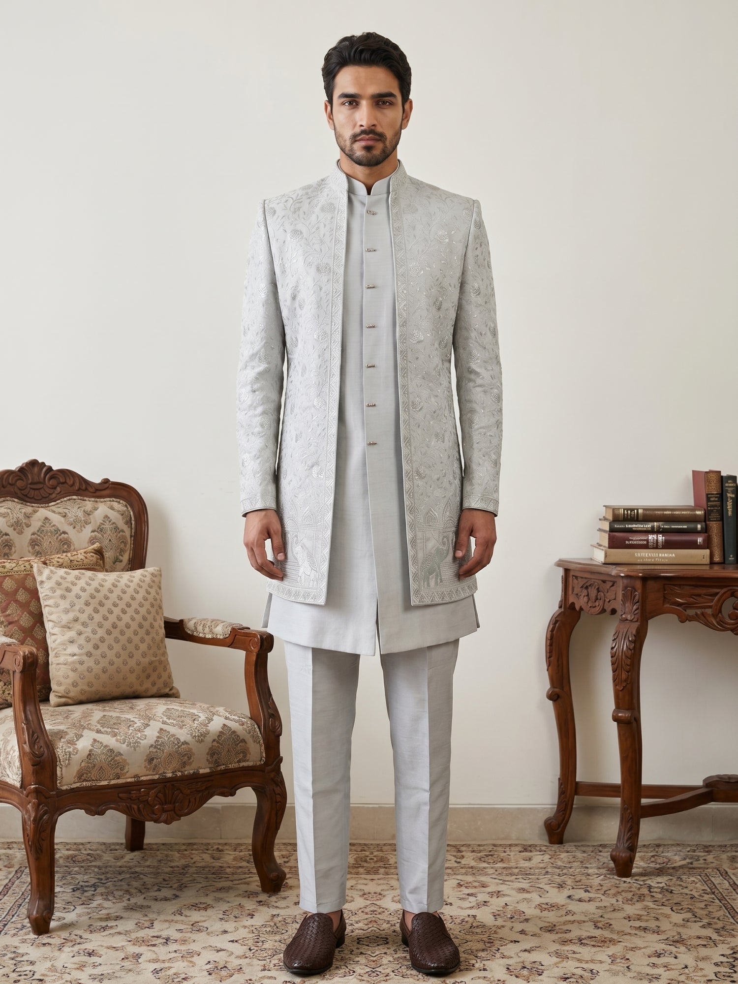 DesiQlo Men Embroidered Indo Western Set - Blue - 50JIND_196Blue_S